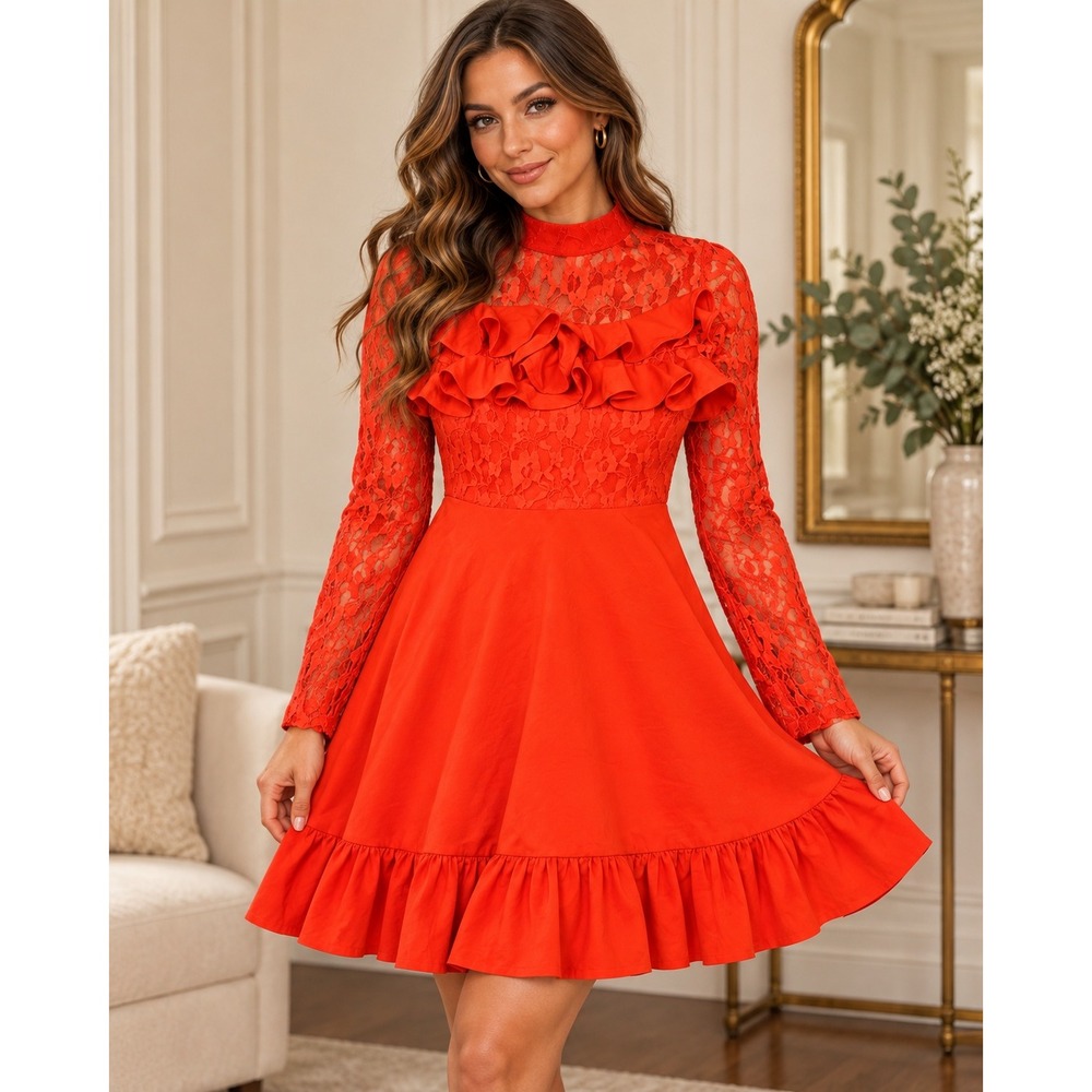 ASOS Red Lace Ruffle Mini Dress Long Sleeve High Neck Fit & Flare Size 2